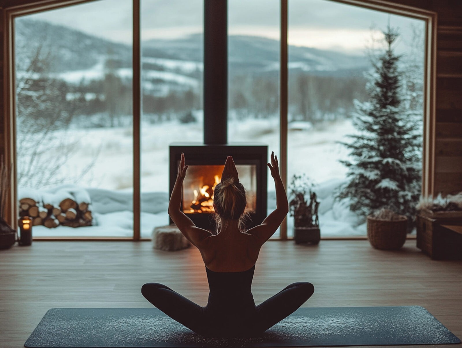 Kobieta siedząca w pozycji skrzyżnej w pomieszczeniu na macie przed kominkiem. Za oknem zimowy krajobraz.